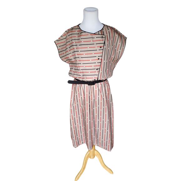 Vintage Joan Curtis Dress Striped Belted Short Sleeve Tan Black Red Sz 16 - Picture 1 of 12